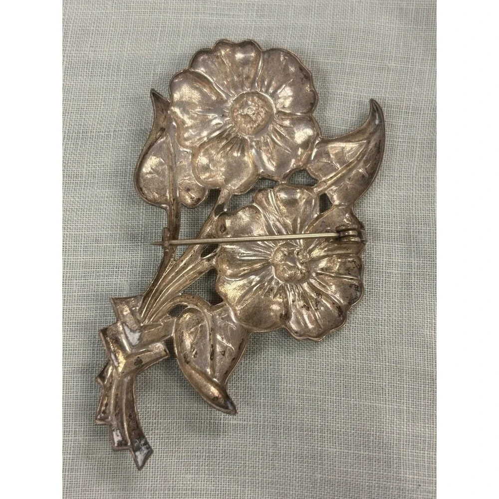 Vintage Floral Brooch Silver Tone Flower Spray Pin C Clasp Large Statement